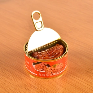 Macro view of miniature canned braised beef model with detailed resin food inside