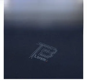 Detail of navy blue casual jacket featuring fine dot-matrix brand logo on textured fabric