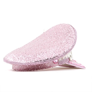 Barbie pink sequin military hat with sparkling rhinestones and pearls for party events