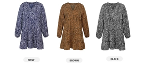 Detailed comparison of the long sleeve V-neck leopard dress in navy, brown, and black