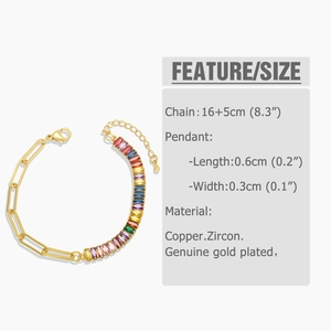 Detail view of gold-plated rainbow zircon bracelet with measurements and material info