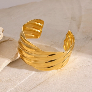 Exaggerated wide ripple-textured 18k gold plated stainless steel open bangle for women