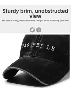 Detailed macro view of high-quality embroidery and durable curved brim on black baseball cap