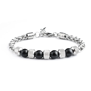 Men's Tiger Eye beaded bracelet with adjustable stainless steel chain and black stone beads