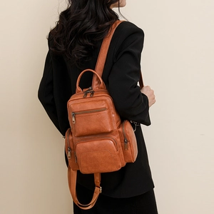 Detail of vintage brown PU leather backpack with multiple functional zipper pockets