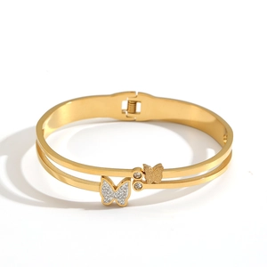 Double-layer gold stainless steel butterfly bracelet with sparkling crystal accents