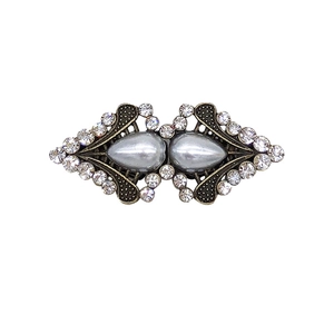Antique bronze brooch with grey pearls and sparkling rhinestones for sweaters