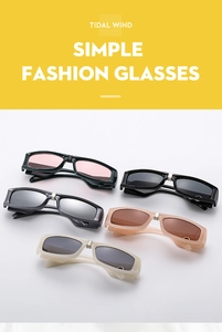 Flat lay of retro rectangle sunglasses in five diverse frame colors with metal hinge details
