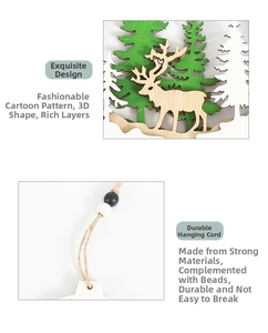 Detail of 3D layered wooden Christmas deer ornament with jute rope and beads