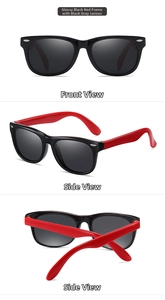 Detail view of TR90 silicone children's polarized sunglasses in bright black and red