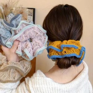 Elegant double-layer knitted flower hair scrunchie with colorful wool yarn patterns