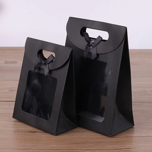 Black paper gift bags with clear window and ribbon bow in a set of two sizes