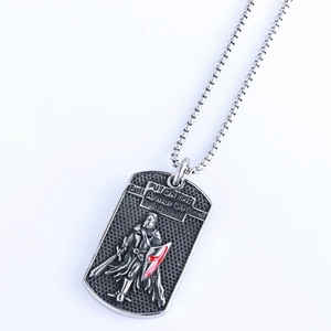 Detail of knight shield necklace with red cross and Full Armor of God engraving