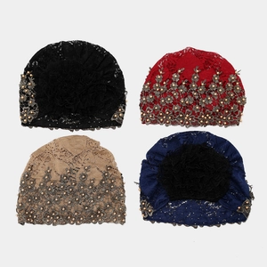 Turbans ethniques pour femmes avec broderie dentelle et perles en quatre couleurs