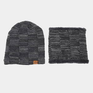 Winter fleece-lined knit beanie and neck warmer set in mixed black and gray square texture