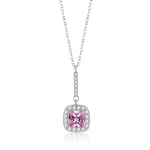 925 sterling silver necklace with square pink gemstone and white cubic zirconia halo