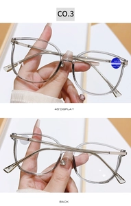 Detail showing transparent round reading glasses with blue light filter and +1.00 strength