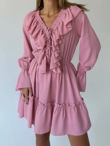 Robe Courte À Volants Col En V Élégante Manches Longues Évasées Nœud Couleur Unie Taille Élastique Polyester Femmes