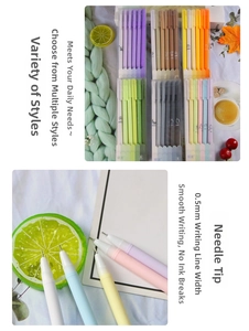 Detail view of 0.5mm needle tip and Morandi colored gel pens in a 6-piece stationery set