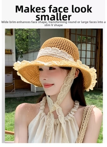 Detail of summer straw sun hat with white lace ribbon and wide brim on woman