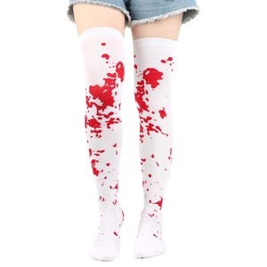White over-the-knee socks featuring a realistic red blood splatter pattern for Halloween