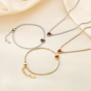 Elegant gold and silver tennis jewelry set with red heart zircon necklaces and bracelets