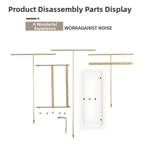 Unassembled parts of a gold and white jewelry rack with tools and screws for assembly
