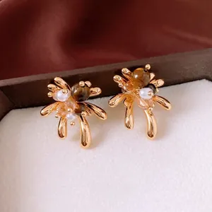 18K gold-plated tiger eye stone earrings with pearls in a luxury vintage design