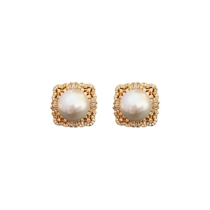 Vintage style square pearl stud earrings with zircon gold borders on white background