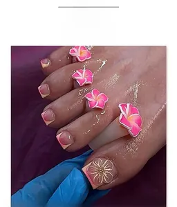 Dettaglio delle unghie dei piedi con fiori 3D rosa, French tips e stile sfumato