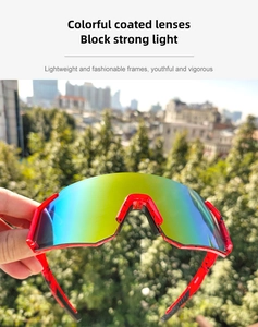 Detail of red sports cycling sunglasses with vibrant colorful polarized lenses