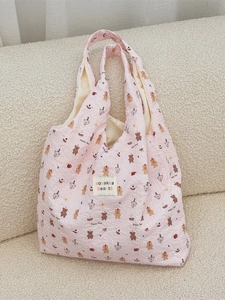 Pink cartoon embossed canvas tote bag with large capacity for shopping and school