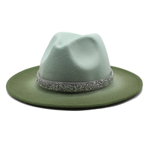 Detail of two-tone gradient wool fedora hat with a shimmering rhinestone crystal band
