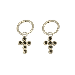 Silver stainless steel hoop earrings with black stone cross pendants in gothic style