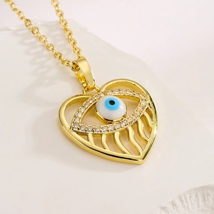 18K gold plated hollow evil eye heart pendant necklace with blue eye and zircon accents