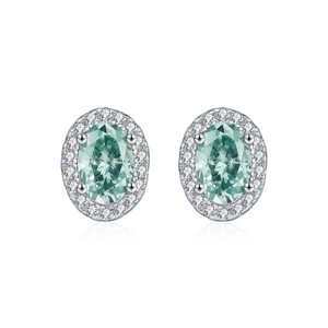 Elegant S925 sterling silver halo stud earrings with oval green moissanite stones