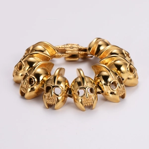 Men's retro gold stainless steel punk bracelet with Spartan skull helmet links