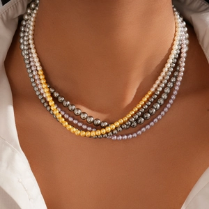 Vintage Imitation Artificial Pearl Strand Sweater Necklace Elegant Two-Tone Beaded Jewelry For Women With Magnetic Clasp