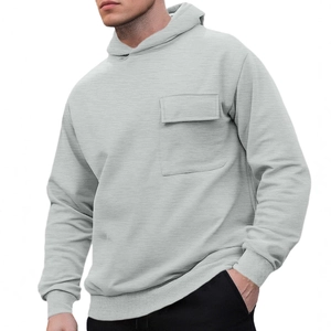 Men's light grey hooded sweatshirt with fleece lining and front flap pocket detail