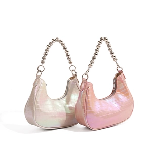 Detailed macro view of pearlescent crocodile pattern PU leather hobo bags with beaded handles