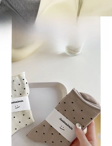 Close-up of beige and khaki polka dot knit socks with wide elastic cuffs and packaging