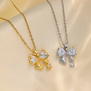 Butterfly Heart Pendant Necklace Stainless Steel Shiny Zircon Inlaid Dainty Trendy Jewelry For Women