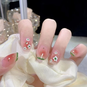 French Style Press On Nails Watermelon Pattern Pink Gradient Green Tips White Floral Gold Foil Decor Short Square Round