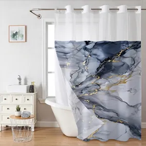 Detail view of double-layer marble shower curtain with gold veins and translucent top