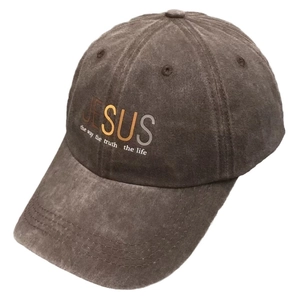 Washed cotton baseball cap in dark coffee with Jesus embroidery for a vintage look