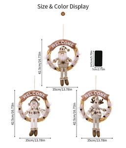Size display of Christmas wreaths with Santa, Snowman, and Reindeer plush decorations