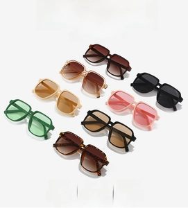 Matrix view showing eight colorful macaron square sunglasses with thick resin frames