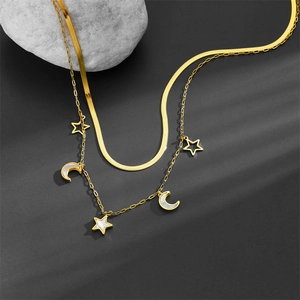 Double-layered gold stainless steel necklace with star and mother-of-pearl moon pendants