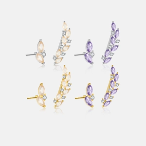 Asymmetrical Leaf Crawler Earrings In 925 Sterling Silver With Marquise Cubic Zirconia Branch Studs For Women
