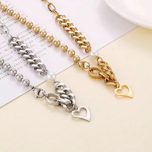 Colliers dorés et argentés avec pendentif cœur, perles et chaînes mixtes de mode